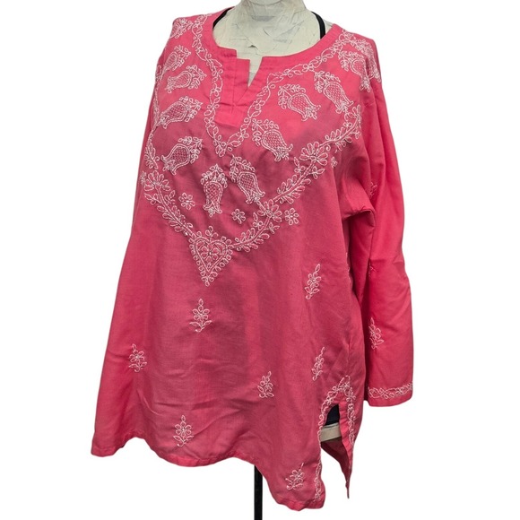 ADA Lucknow Chikankari Tunic Top 2XL Pink Kurta Hand Embroidery Bohemian Blouse - Picture 1 of 8